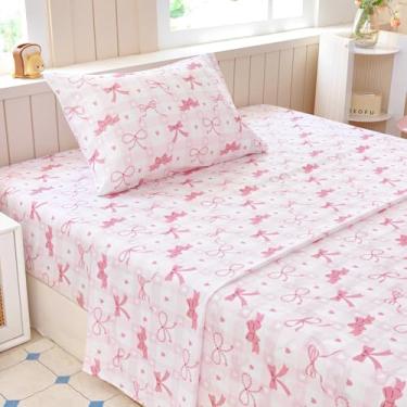 Imagem de Homilay Jogo de lençol solteiro infantil - 3 peças de lençol com laço rosa para meninos, meninas, adolescentes, crianças pequenas, bolsos profundos de fácil ajuste, respirável, sem rugas, aconchegante
