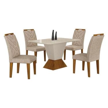 Imagem de Mesa De Jantar Larissa 120x80 Off White Freijó Com 4 Cadeiras Mdf Freijó Linho Palha - Leifer Móveis
