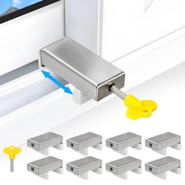 Imagem de Fechaduras de janela para janelas deslizantes horizontais (8 conjuntos) trava de janela deslizante à prova de crianças de 1,66 a 4,5 cm de largura ajustável de aço inoxidável com chaves