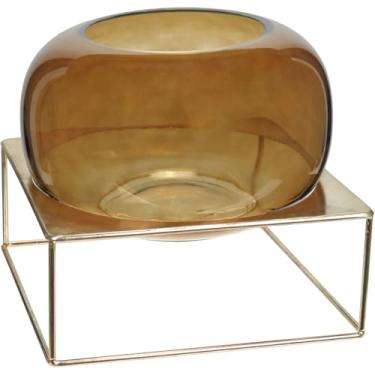 Imagem de VASO DECORATIVO ENFEITE CASA HOME&CO COM SUPORTE METAL VIDRO 23x27x27cm ÂMBAR