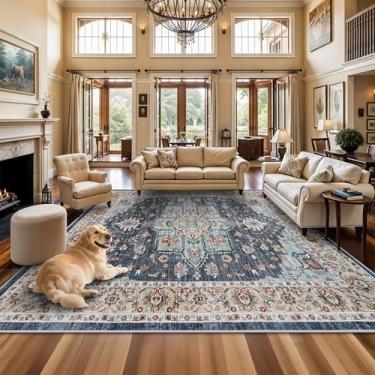 Imagem de TOPRUUG Tapete de área oriental lavável - 30,5 x 30,5 cm para sala de estar, tapete macio para quarto, impermeável, floral, envelhecido, resistente a manchas, não derrama, tapetes de chão (azul