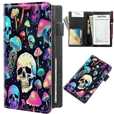 Imagem de DIGTIALL Server Books for Waitress 22 x 12 cm, carteira de garçom de couro PU com zíper e suporte para livro de cheques, bolso para dinheiro, organizador de garçons, serve para servidor Apro, caveira