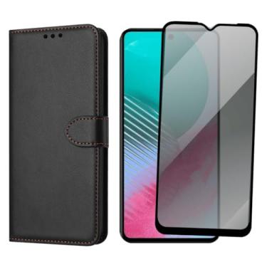 Imagem de Capa Carteira Para Samsung Galaxy M54 com Porta Cartões, Preta, Fechamento Magnético + Película de Vidro 9H