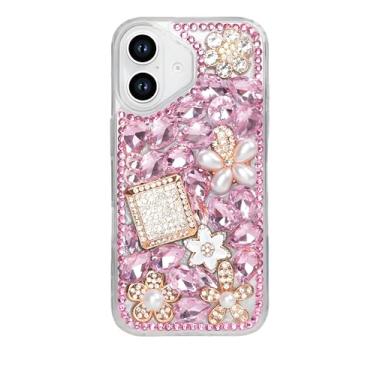 Imagem de Losin Compatível com iPhone 16e Bling Case para mulheres meninas bonito luxo 3D glitter diamante cristal strass brilhante pedra preciosa frasco de perfume e capa de flor TPU macio, rosa