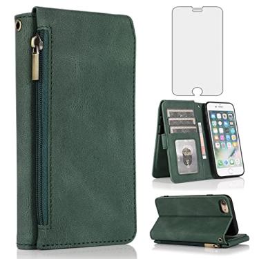 Imagem de Compatível com iPhone 7/8/SE 2020/2022 capa carteira de vidro temperado protetor de tela com zíper flip capa suporte para cartão para iPhone 7 iPhone8 SE2020 SE2022 2/2nd/3/3ª geração SE2 SE3 verde