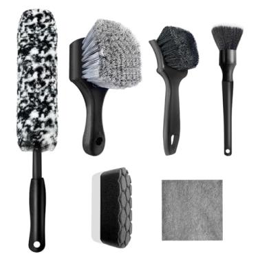 Imagem de Kit de 6 escovas de roda de carro para limpeza de rodas, pneus, escova de pneu, escova de limpeza de rodas, escova de limpeza de aro de cerdas macias, almofada aplicadora de brilho de pneu dobrável de