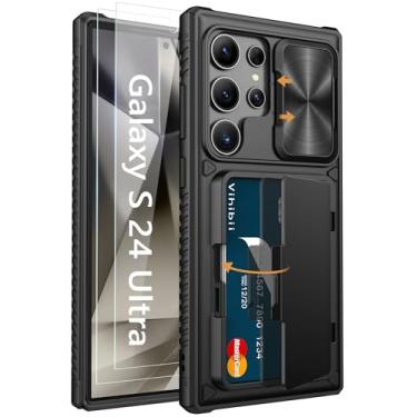 Imagem de Vihibii Capa para Samsung Galaxy S24 Ultra com suporte para cartão (4 cartões), protetor de tela de vidro temperado embutido 2X e capa de câmera deslizante e suporte, capa de telefone robusta e à