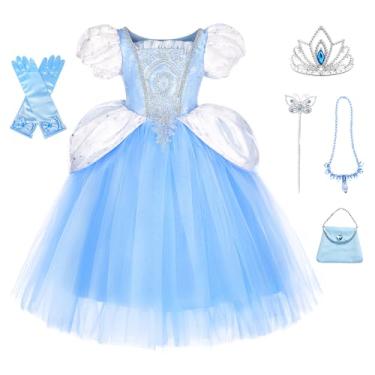 Imagem de CQDY Vestido de princesa Cinderela para meninas, azul, manga bufante, roupa para festa de Halloween, Natal, Cinderela 01, 3 Anos