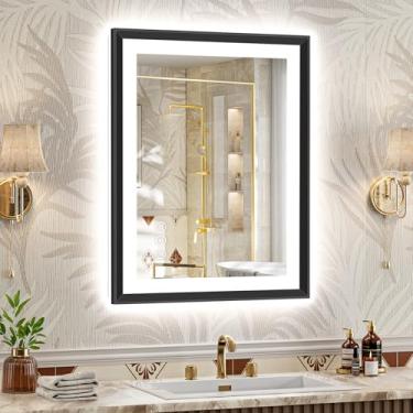 Imagem de REYPEK Espelho de banheiro de LED com luzes, espelho retroiluminado frontal de 55 x 76 cm com moldura preta, espelho iluminado inteligente antiembaçamento para parede, espelho de banheiro de LED