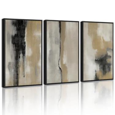 Imagem de KUVIOKE Arte de parede emoldurada abstrata preta grafite neutro pastel minimalista decoração de parede pintura de arte moderna para quarto sala de estar 28 x 35 cm (moldura preta)