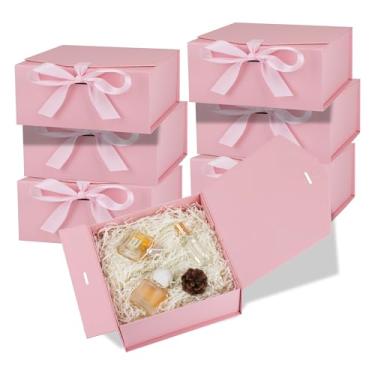 Imagem de OEMVALATY Pacote com 6 caixas de presente, caixa de presente de 25 x 19 x 8 cm com tampa magnética e fita, caixa de casamento para casamento, armazenamento, presente (rosa)