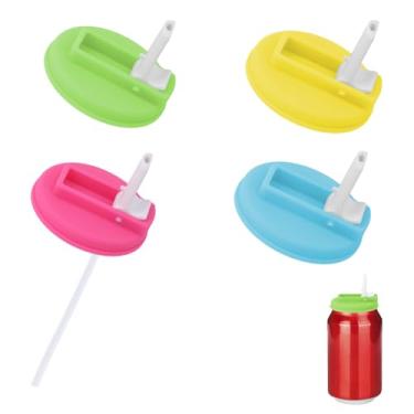 Imagem de 4 Tampas Lata Refrigerante com Palhinhas, Tampas Silicone Latas Utensílios Cozinha Reutilizáveis Compatíveis Bebidas Enlatadas Padrão Cerveja Sumo (Amarelo, Azul, Verde, Rosa Vermelha)
