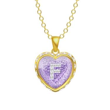 Imagem de Ahiller Colar com inicial de coração, pingente de letra de diamante de cristal, 45 + 7,6 cm, colares ajustáveis para mulheres, joias modernas, roxo, F, Aço inoxidável, Diamante de cristal