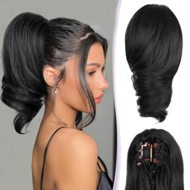 Imagem de ZQIAN BEAUTY Rabos de cavalo com clipe para mulheres - extensão de rabo de cavalo preto encaracolado de 30 cm, extensões de cabelo cacheado rabo de cavalo, extensões de cabelo sintético rabo de cavalo