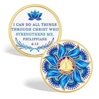 Imagem de CHURYUML Meditação Mandala Moeda de sobriedade de 1 ano - Chip sóbrio de lótus de um ano com Filipenses 4:13, medalhões de recuperação de moedas AA símbolo de afirmação sobriedade presentes para