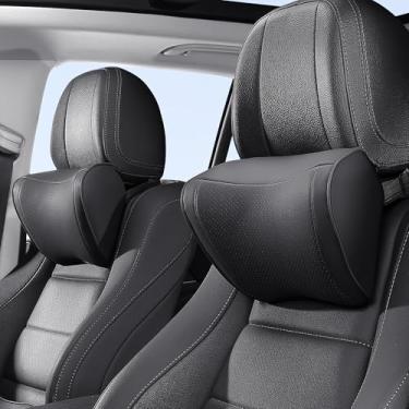 Imagem de Dapucarin Travesseiro de encosto de cabeça de carro 100% espuma de memória, capa de couro removível respirável, almofada de pescoço de cabeça com suporte de assento premium para dirigir, viajar, casa