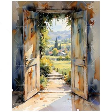 Imagem de Kit de pintura rural por números para adultos – DIY vista do campo através de pintura de porta aberta em tela 40,6 x 50,8 cm, conjunto de tinta acrílica, adequado para iniciantes, arte para decoração