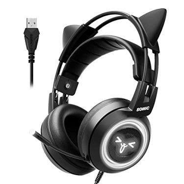Imagem de SOMIC Fone de ouvido para jogos G951black para PC, PS4, laptop: 7.1 som surround virtual destacável orelha de gato LED, USB, fones de ouvido leves autoajustáveis sobre a orelha preta