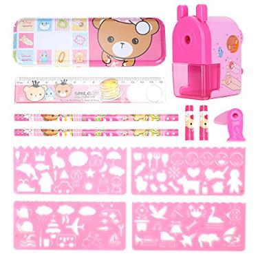 Imagem de Conjunto de papelaria Lápis Automático Afiador Lápis Caso Lápis Borracha Caneta Cap Régua Modelo Board Material Escolar (rosa)