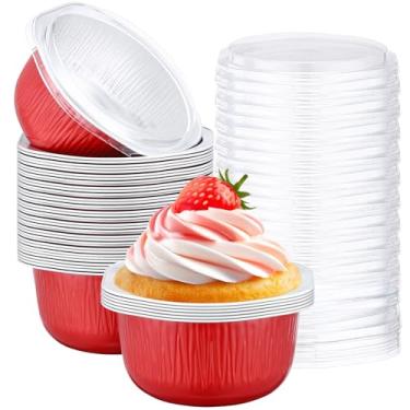 Imagem de Beasea Copos de cozimento descartáveis com tampas, pacote com 50, 445 ml, folha de alumínio, ramequins de 10 cm, recipientes para forno, mini cupcake, recipientes para festas, negócios, porção
