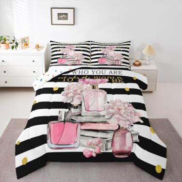 Imagem de Erosebridal Roupa de cama rosa, tamanho casal, para meninas, crianças, adolescentes, boêmio, moderno, geométrico, listrado, preto e branco, para mulheres, perfume e livro, colcha com laço