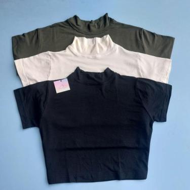 Imagem de Kit 3 Cropped Feminino Manga Curta Viscolycra Gola Alta Confortável - 
