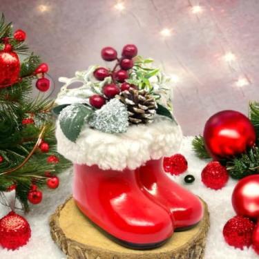 Imagem de Galocha Bota de Ceramica Decoratica de Luxo para Natal Cor Vemelha