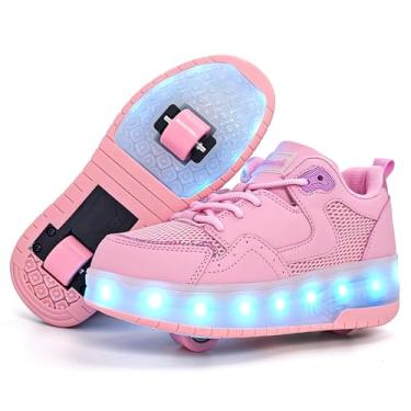 Imagem de Wooowyet Tênis de patins LED para crianças, meninos, meninas, leve, moderno, com rodas, recarregável, gancho e laço, Malha completa rosa, 17