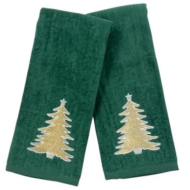 Imagem de Toalhas de mão de banheiro de Natal – Conjunto de 2 verde escuro 100% algodão bordado árvore de Natal dourada – 63,5 x 40,6 cm toalhas decorativas de banho e cozinha