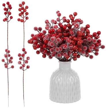 Imagem de Syhood Conjunto de 40 palhetas artificiais de azevinho vermelho de 24 cm, 4 estilos de sprays de glitter, bagas falsas na neve, enfeites de galhos de árvore de Natal, enfeites de festa faça você mesmo