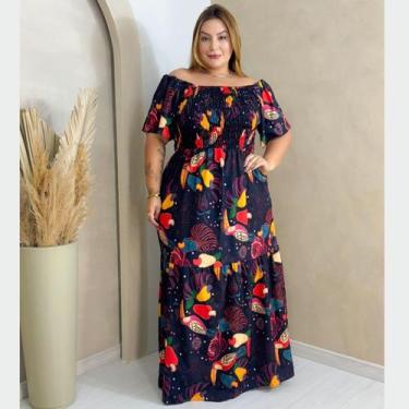 Imagem de Vestido Feminino Longo Plus Size Estampado Ciganinha Ombro a Ombro com