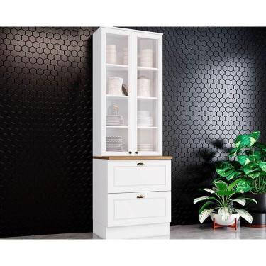 Imagem de Paneleiro De Cozinha Modulado Cristaleira Americana C/ 2 Portas (2 C/vidro) C/ 2 Gavetas 71.5cm Branco/nature - Henn