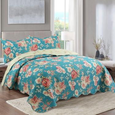 Imagem de Kit Cobre Leito Colcha Mix Queen Estampado Dupla Face Floral 3 Peças - Vanessa - Azul
