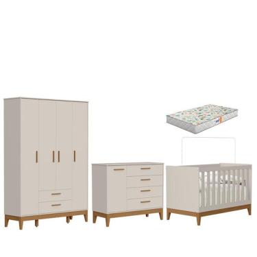 Imagem de Quarto De Bebê Flip Guarda Roupa 4 Portas Areia Acetinado Com Colchão Gazin - Reller