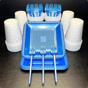 Imagem de Conjunto de luxo descartável para festas de aniversário com 260 peças Pratos quadrados de plástico colorido com efeito perolado Cores doces (Branco Azul Perolado)