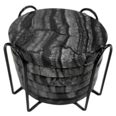 Imagem de YONGHEE Conjunto de 6 porta-copos de mármore preto com suporte, porta-copos de mármore redondos modernos elegantes para decoração de mesa de café, porta-copos de pedra semiabsorvente para bebidas, 10