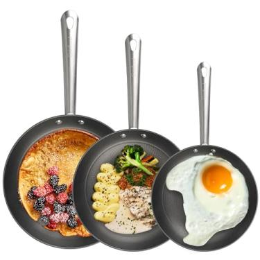 Imagem de Cuisiland Conjunto de frigideiras de ferro fundido de 20 cm, 24 cm, 26 cm – frigideiras antiaderentes com cabo longo de aço inoxidável, seguro para forno, retenção de calor clássica, cozimento com