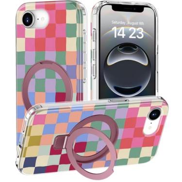 Imagem de DEENAKIN Capa para iPhone 16e - Compatível com carregamento sem fio - Suporte multifuncional integrado - Capa protetora para celular com designs bonitos da moda para mulheres - tabuleiro de xadrez