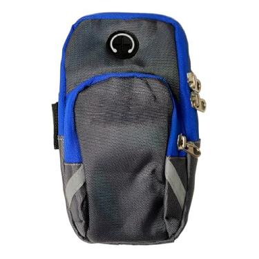 Imagem de Braçadeira Esportiva para Celular, Neoprene/Nylon, Azul/Preto, 18x11x4cm, 2 Bolsos com Zíper, Saída para Fone de Ouvido, Ajustável, Impermeável