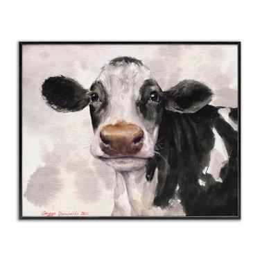 Imagem de Stupell Industries Vaca fofa com fundo abstrato arte giclée emoldurada cinza, design por George Dyachenko, 40 x 50 cm