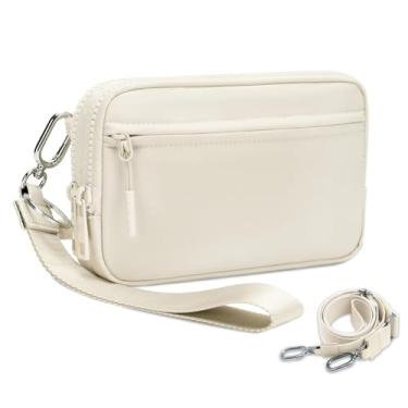 Imagem de JueiXeoy Carteira de pulso feminina quadriculada pequena bolsa transversal bolsa acolchoada de nylon porta-cartão de crédito com 4 zíperes, Bege, One Size