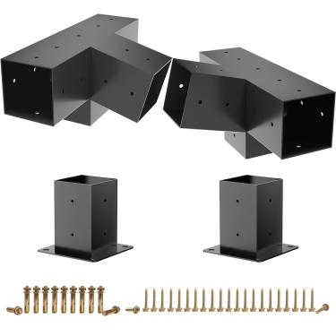 Imagem de Suportes inclinados de pérgula, kit de pérgola 4 peças Woodworks 15° e 75° Suporte de 4 vias com base de poste para 10 x 10 cm (real: 3,5 x 3,5 pol.) Kit de suporte de madeira elevada de vigas de