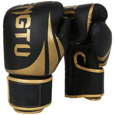 Imagem de Luvas de boxe de couro preto dourado para adultos, PU resistente a rasgos, acolchoamento de espuma acolchoada, alça de pulso elástica, 340 g, serve para comprimento de mão de 19 a 23 cm