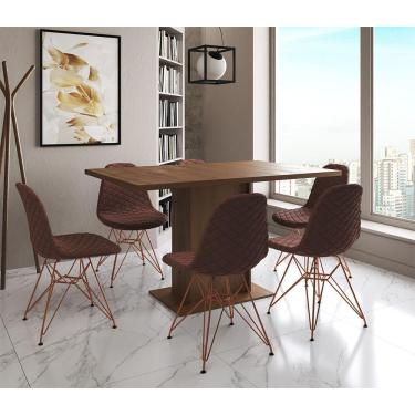 Imagem de Mesa Jantar Londres Retangular Amêndoa 137X90Cm 6 Cadeiras Estofadas Caramelo Base Cobre