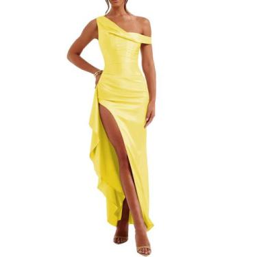 Imagem de Vestido Alphirkut Wedding Guest, longo, cetim, sem ombros, amarelo