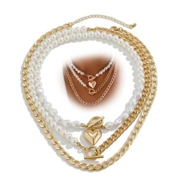 Imagem de Colar de pérolas douradas em camadas grossas para mulheres gargantilha de coração com contas de pérola grossa corrente de elos de Cuba OT colar com fivela colares vintage joias empilhadas, Large