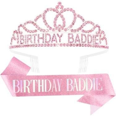 Imagem de Canitor Tiara de aniversário Baddie, decorações de aniversário, acessórios, lembrancinhas de festa, suprimentos para mulheres adultas e meninas, rosa, one size fit all