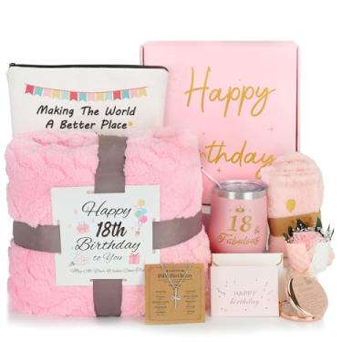 Imagem de Presentes de aniversário de 18 anos para meninas – Conjunto de presente de aniversário para meninas de 18 anos, rosa fresco, caixa de presente de 8 peças com cobertor, meias, copo, colar, espelho