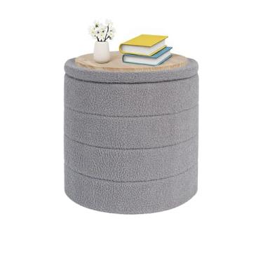 Imagem de CAIPINFUL Otomano redondo com armazenamento, mesa de centro boucle otomana, apoio para os pés para corredor, sala de estar, quarto - cinza