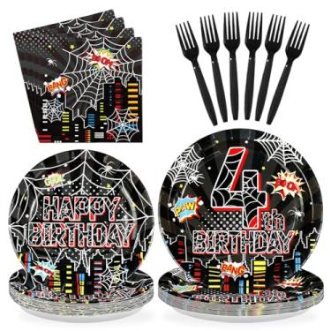 Imagem de Greencian 96 peças de aranha, suprimentos de festa de 4º aniversário, aranha, preto, pratos descartáveis de desenho animado, super tema, herói, conjunto de utensílios de mesa para meninos e crianças